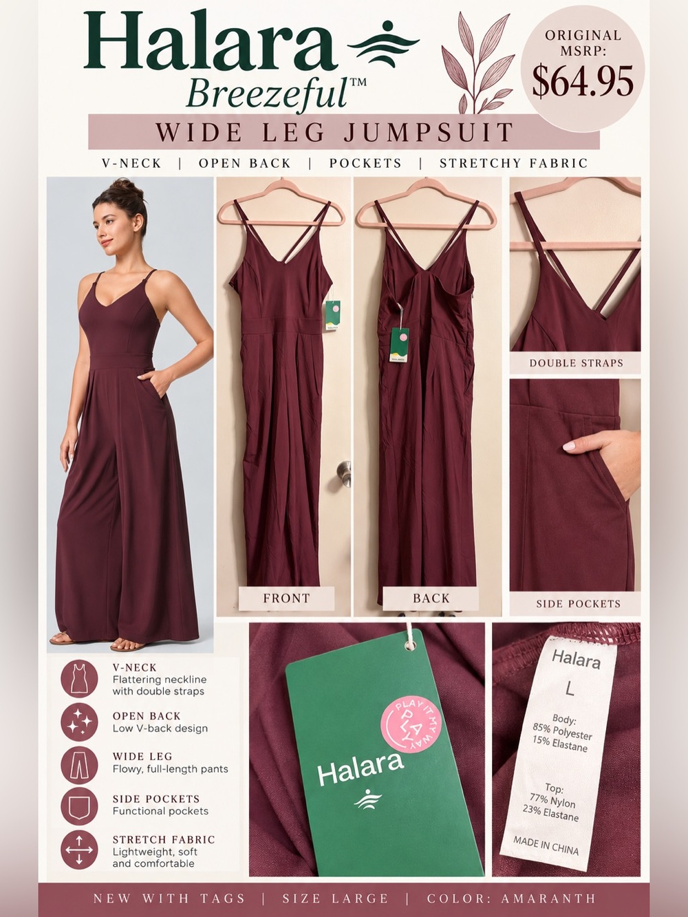 HALARA Breezeful Wide Leg Jumpsuit - Burgundy Wine